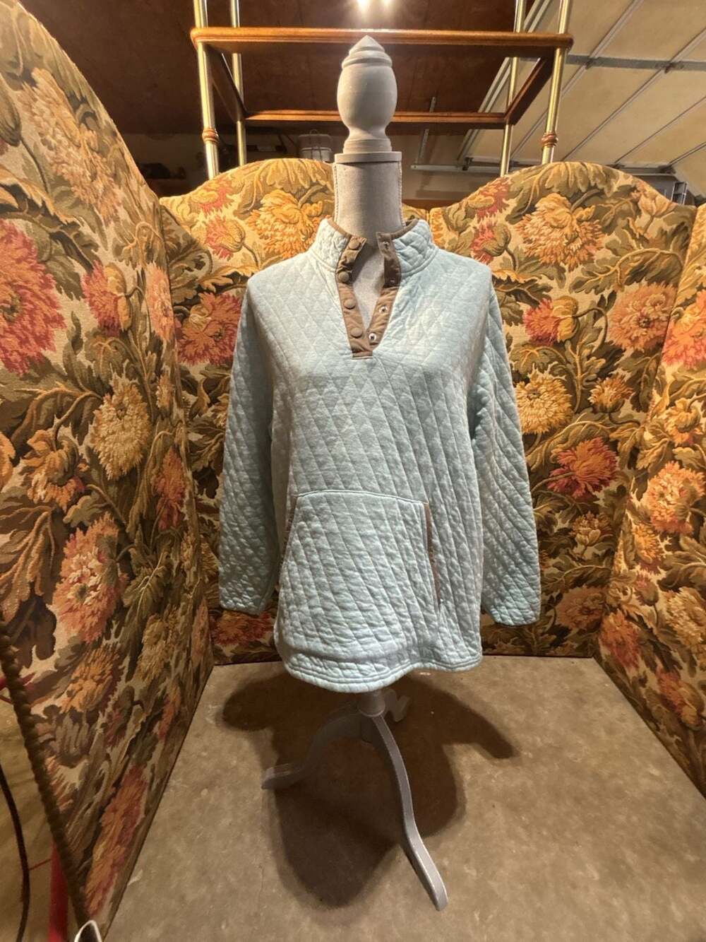 Orvis Quilted Snap-Front Pullover Sweatshirt Light Blue Size L